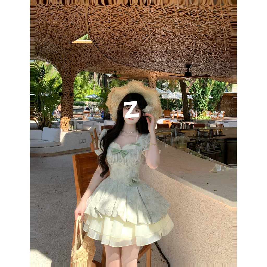 Blovelan Lime Ice Coconut Fresh Lace Puff Sleeve Jacquard เอวแคบสาวเจ้าหญิง Puffy Dress 5.2