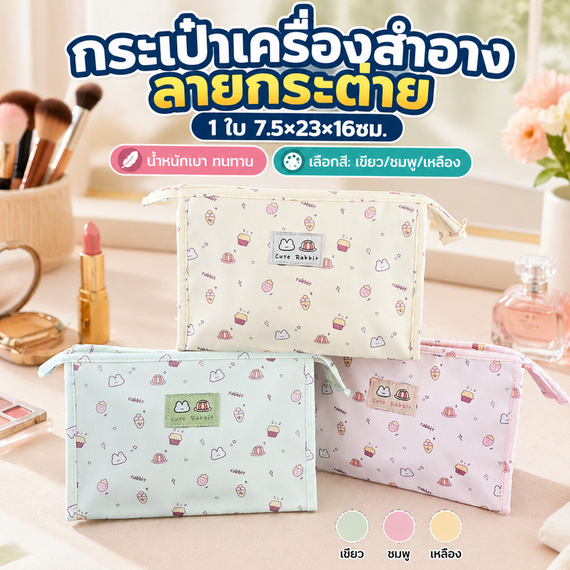 กระเป๋าใส่เครื่องสำอางค์อเนกประสงค์ ลายกระต่าย ซิปปิด ขนาด 7.5×23×16 ซม. (1 ชิ้น) เลือกสีได้ เหลือง/เขียว/ชมพู