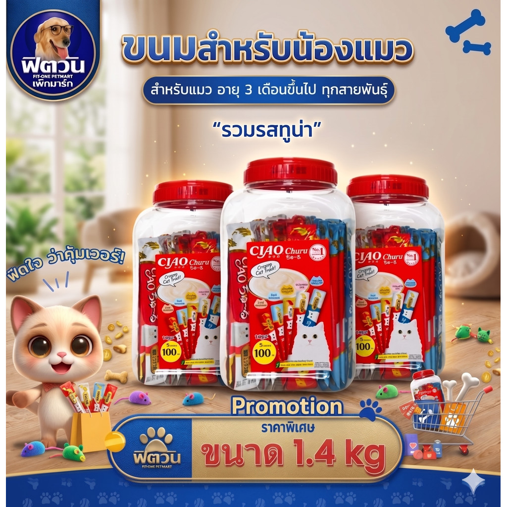 แถมที่นอนอุโมงค์CIAO-ชูหรุ ขนมแมวเลีย รวมรสทูน่า 100ซอง