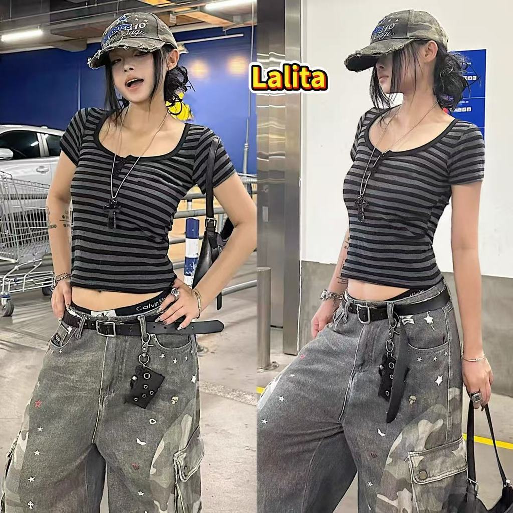 Lalita ส่งไวจากไทย เสื้อยืดลายทาง คอU มีกระดุม แขนสั้น ผู้หญิง น่ารักสไตล์เกาหลี