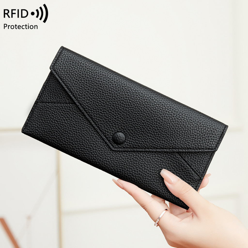 ใหม่RFID Anti-theft Brushกระเป๋าสตางค์สุภาพสตรีลิ้นจี่รูปแบบหนังนุ่มยาวกระเป๋าซองจดหมายUltra-Thin Simple Clutch