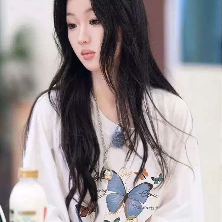 ผ้าฝ้าย 100% Street สวมใส่เดี่ยว Yichun สไตล์เดียวกันการ์ตูนผีเสื้อพิมพ์แขนสั้นเสื้อยืดผู้หญิง Niche