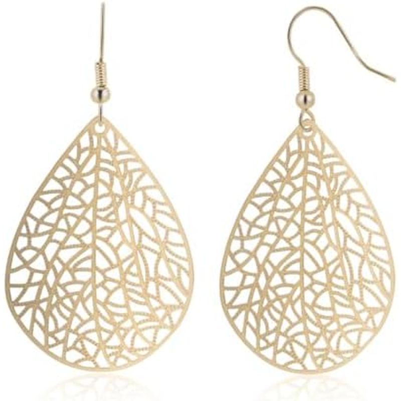 Teardrop Earrings for Women, 14K Plated Dangle Earrings Handmade Filigree Teardrop Dangling Earrings