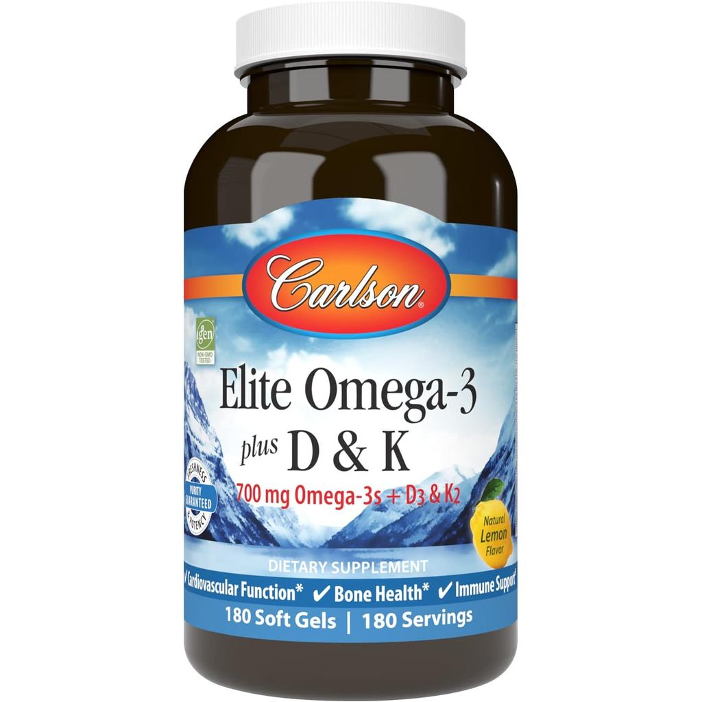 Carlson - Elite Omega-3 Plus D & K, 700 mg Omega-3s + D3 & K2, Function, Bone Health & Immune Suppor