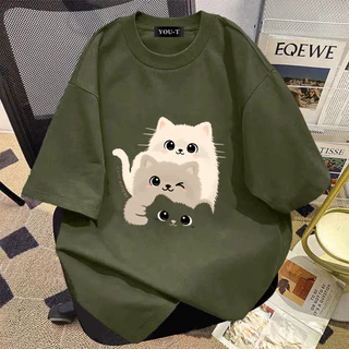 YOU-T🐆เสื้อแฟชั่น ใส่สบาย เสื้อยืดแขนสั้น ลาย เสื้อ"Three cats" ผ้านิ่ม OVERSIZE แฟชั่น ผ้าฝ้าย 100% สไตล์เกาหลี