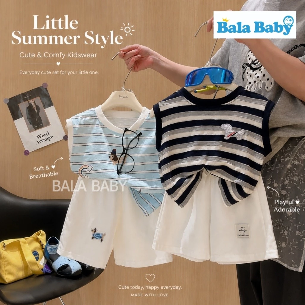 ชุดเด็กชายสุดคูล เสื้อกล้ามลายทาง + กางเกงขาสั้น ชุดเด็กชาย Summer Style ลายทางสุดคิ้วท์ BXT35