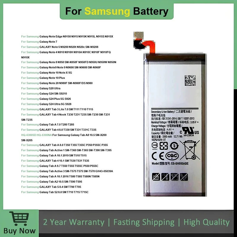 แบตเตอรี่สําหรับ Samsung Galaxy หมายเหตุ 4 5 7 8 9 10 20 S24 Plus Edge Ultra,Tab Active A S2 A2 3 A8