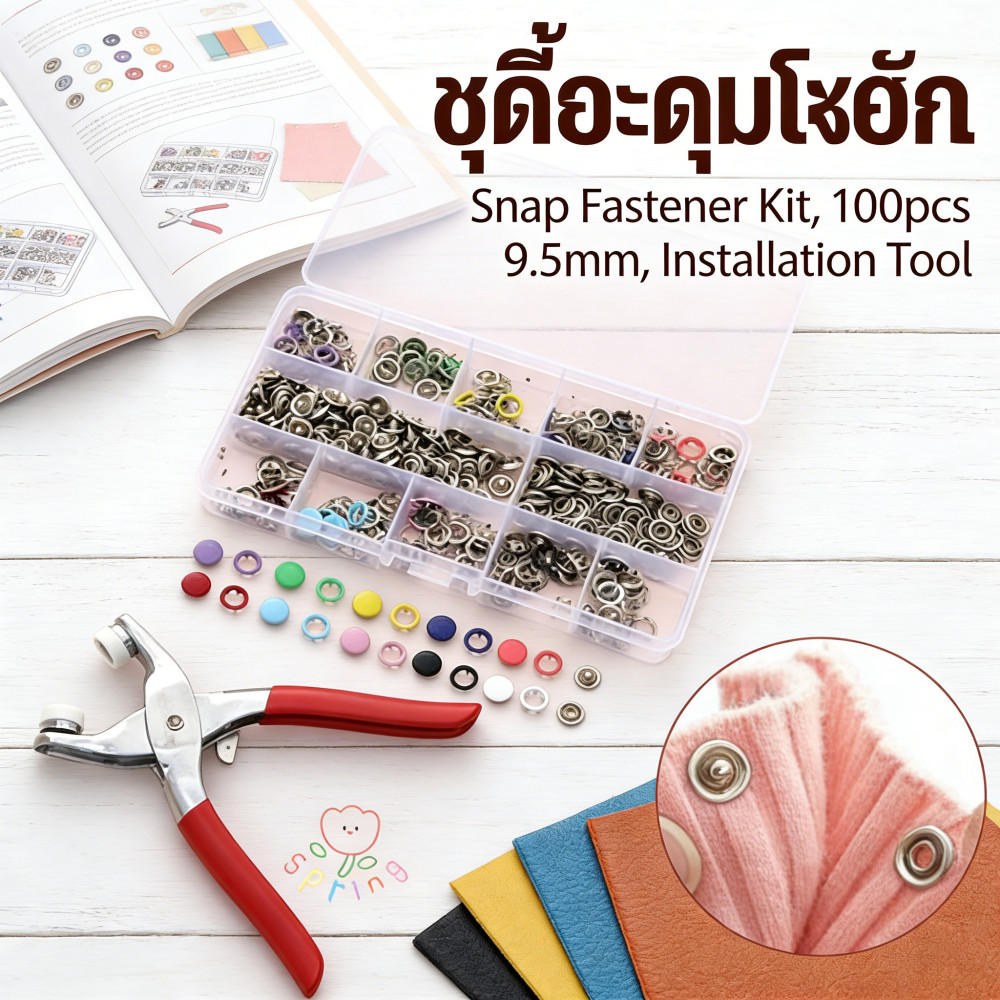 ชุดตอกพร้อมกระดุม 9.5 มม จำนวน 100 ชิ้น ชุดคีมติดกระดุมแป๊ก ชุดกระดุมแป๊ก DIY พร้อมคีมตาไก่