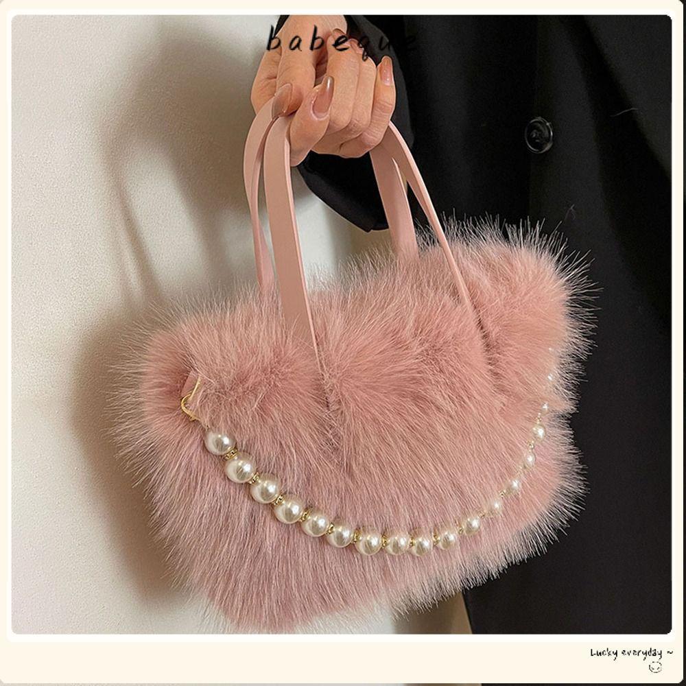 Babeque กระเป๋าสะพาย Messenger, โซ่มุกยาว Plush Faux Fur กระเป๋าถือ, อินเทรนด์ความจุขนาดใหญ่ Furry กระเป๋าใต้วงแขนสําหรับผู้หญิงสาว