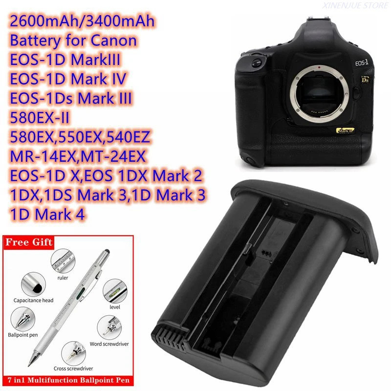 แบตเตอรี่กล้อง 2600mAh/3400mAh LP-E4N สําหรับ Canon 580EX-II, 580EX, 50EX, 540EZ, MR-14EX,MT-24EX,1D