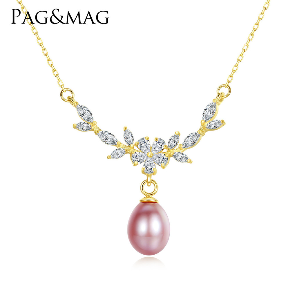 PAG & MAG S925 สร้อยคอจี้เงินสเตอร์ลิง Micro-Inlaid Zircon สร้อยคอมุกน้ําจืดหญิงเงิน HSPA