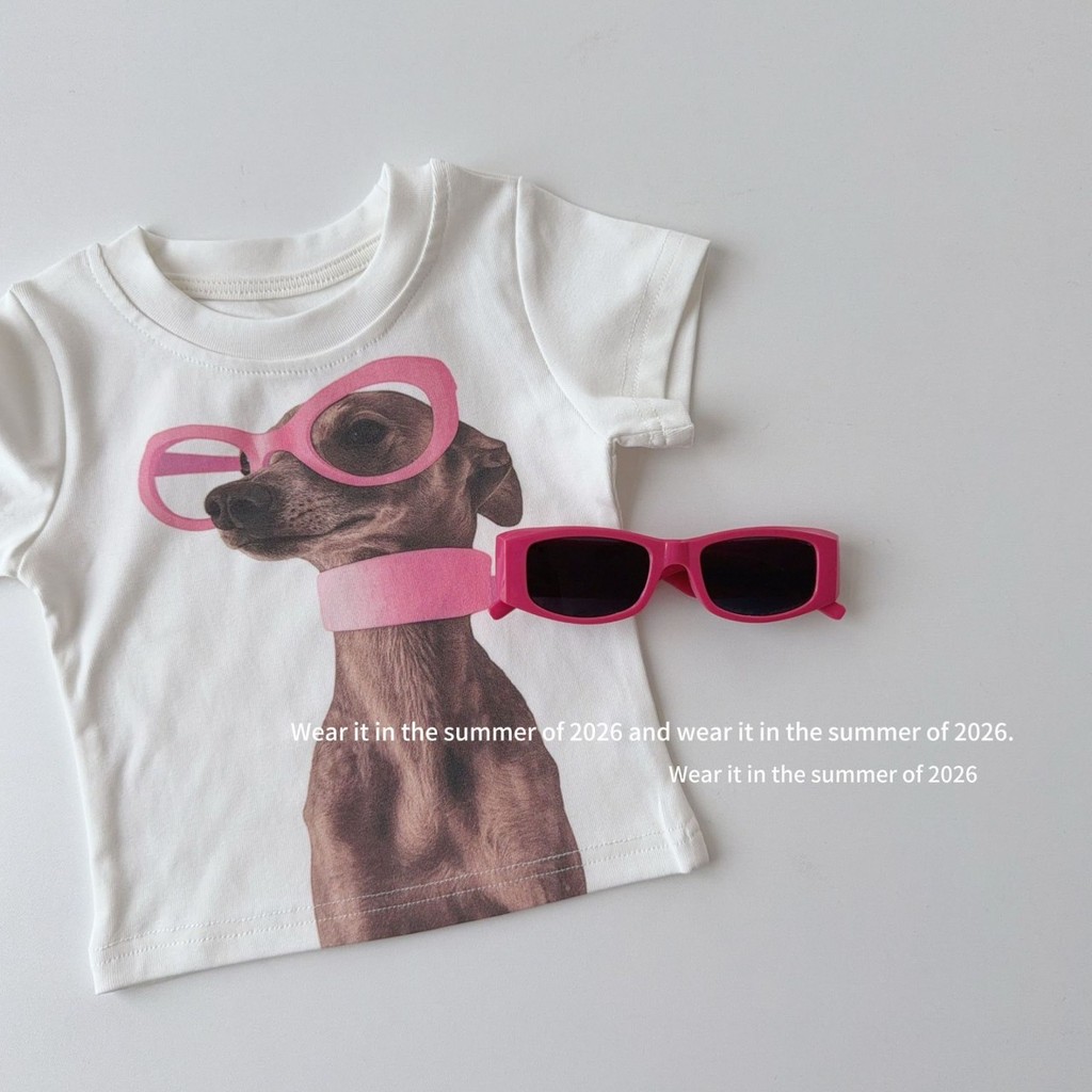 PRETTY BABY เสื้อยืดเด็ก เสื้อยืดคอกลม ทรงเข้ารูป ลายน้องหมาใส่แว่น (2197)