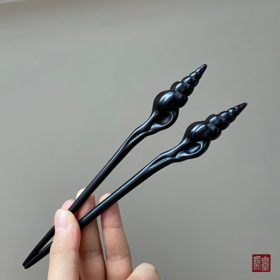 WHX-Hairpin {คํามงคล} ของแท้ Ebony Conch เครื่องประดับผม Hand-Carved Conch แผ่น Hairpin ของขวัญ