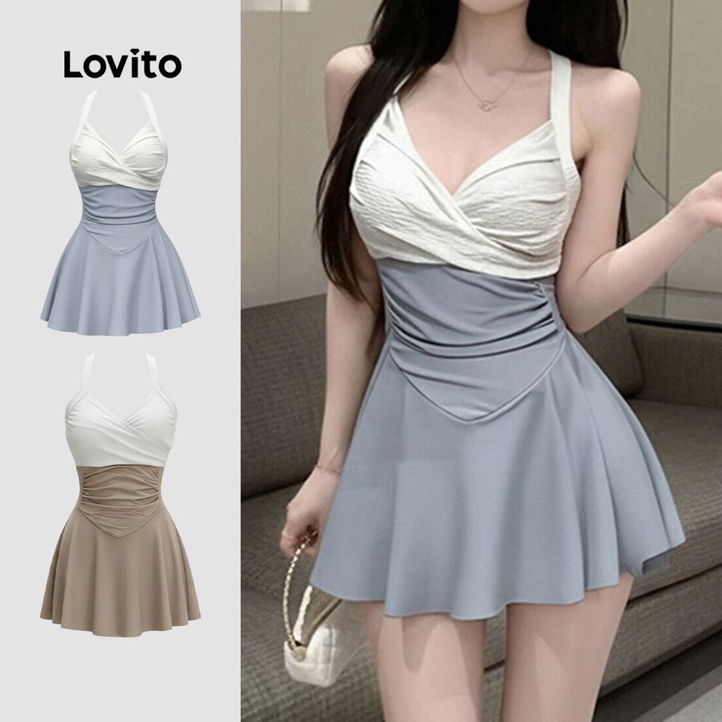 Lovito โบโฮ ชุดว่ายน้ําวันพีซสีบล็อกสีเทาสว่างประณีตสําหรับฤดูใบไม้ผลิ/ฤดูร้อนสําหรับผู้หญิง LNE141051