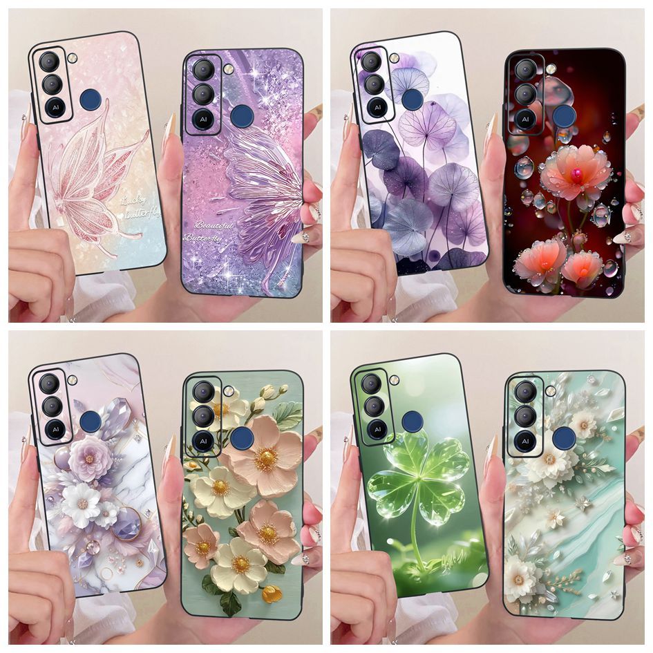 สําหรับ Tecno Pop 5 LTE กรณี BD4 BD4i BD4a ยอดนิยมดอกไม้ผีเสื้อซิลิโคนสีดํา TPU ปกหลังสําหรับ Tecno 