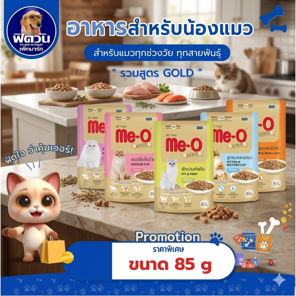 (12ซอง)Me-O Gold อ.แมวโต สูตรบำรุงพิเศษแบบซอง น้ำหนัก 85 กรัม ซื้อ 2 โหลถูกกว่า