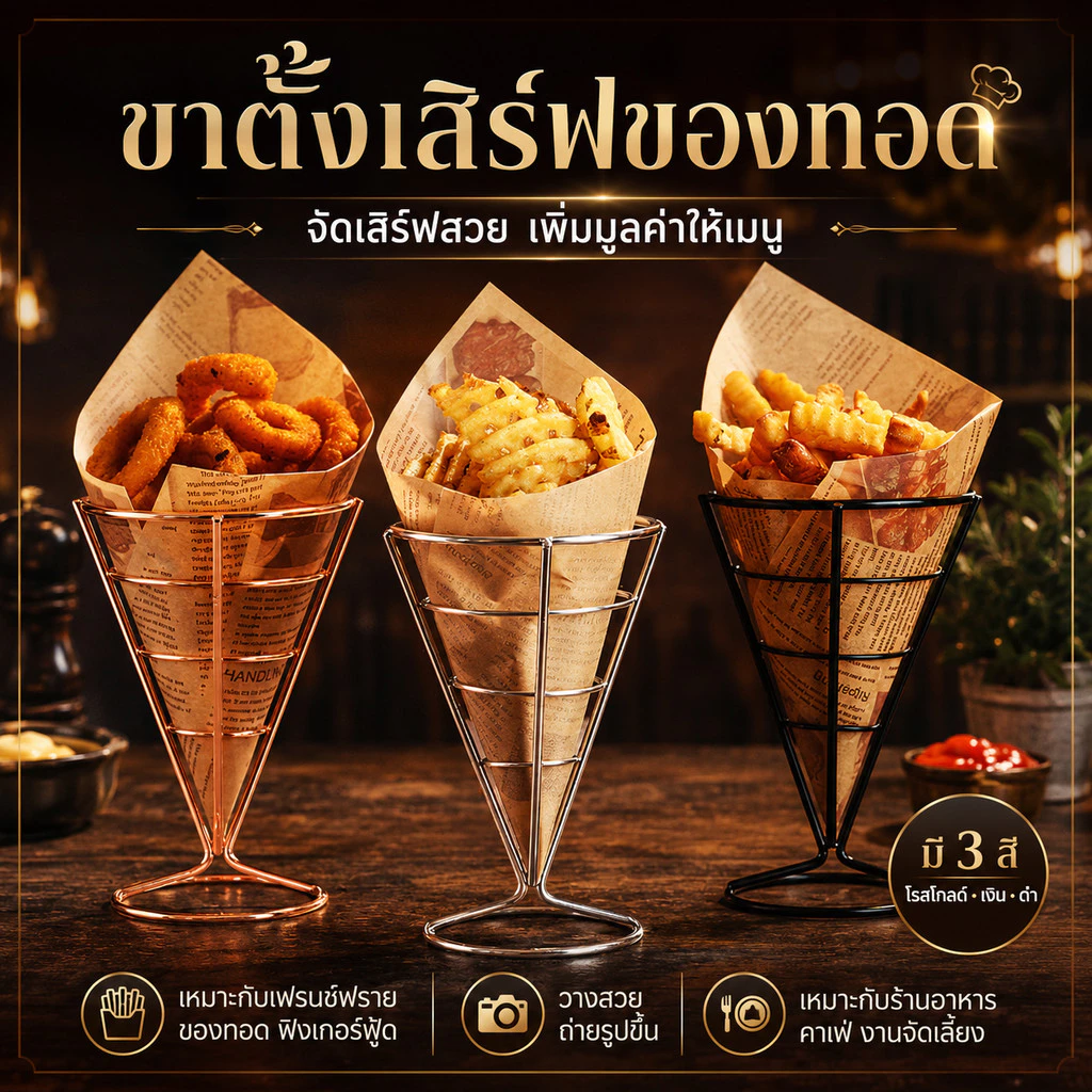กรวยสแตนเลส แต่งขนมวาฟเฟิลฮ่องกง ใส่เฟรสฟราย ใส่แต่งไอศครีม ตั้งโชว์ขนม หรือจะใช้เป็นภาชนะใส่อาหารเสริฟอาหาร งานกริบบ!!!