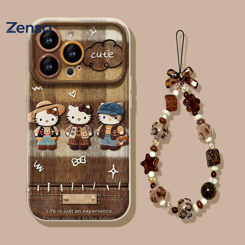 Zenso น่ารัก Retro การ์ตูนแมว Girly สไตล์พร้อมสร้อยข้อมือจอแสดงผลขนาดใหญ่เข้ากันได้กับ iPhone 11-17 Pro Max กรณีกันกระแทก