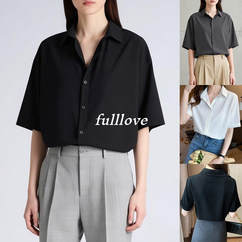 [ส่งไวจากไทย] Fulllove เสื้อเชิ้ตแขนสั้นสตรี การออกแบบคลาสสิก ปุ่มที่มองไม่เห็น ผ้าบางเบา สันทนาการ สวมใส่สบาย
