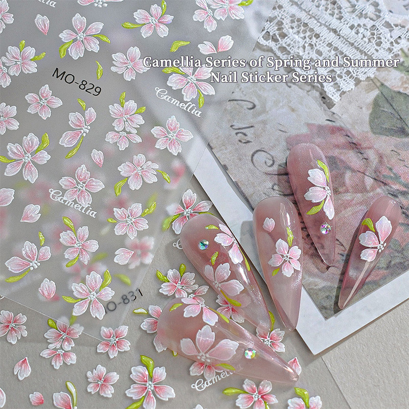 นูนเล็บ Decals Self-Adhesive สีเหลืองสีแดงสีชมพู Camellia ดอกไม้เล็บสติกเกอร์เล็บ DIY ตกแต่ง