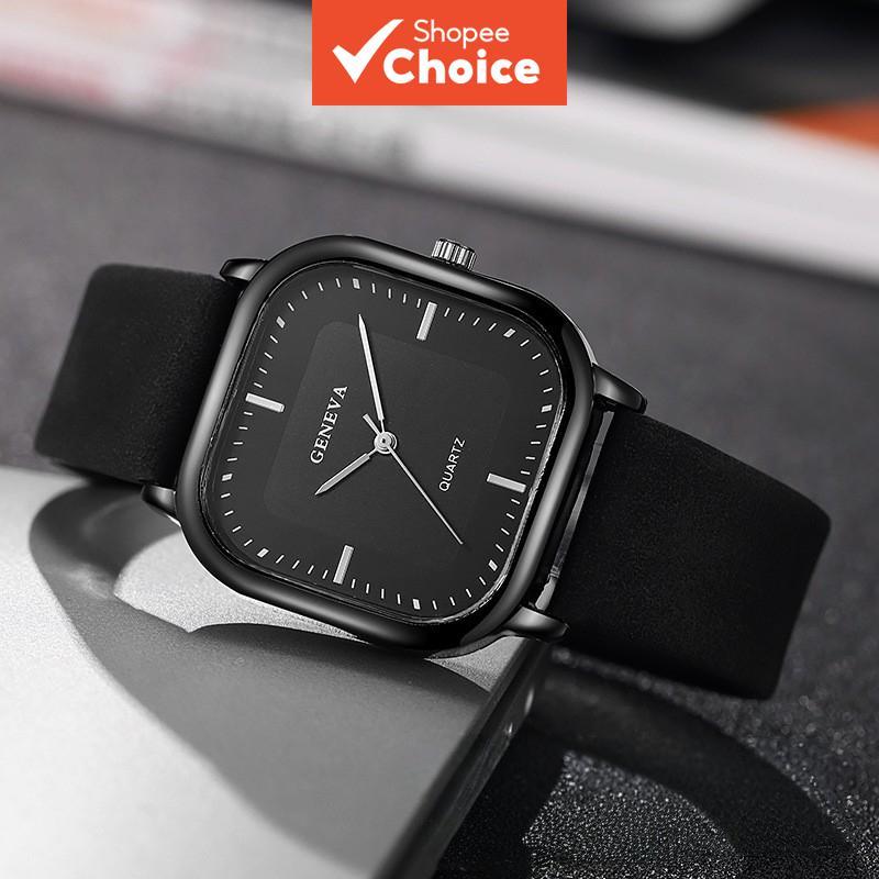 นาฬิกาข้อมือผู้ชาย Black Square Dial Quartz สําหรับผู้ชายพร้อม Leather Band Simple Business Style