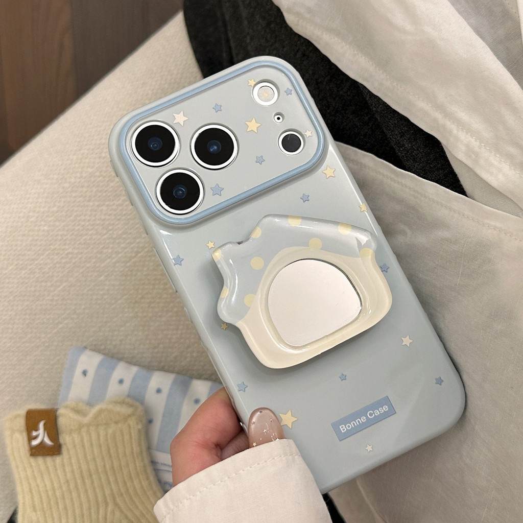 Minimalist Star Blue Mirror Bracket เคสโทรศัพท์ทําจาก TPU เหมาะสําหรับ iPhone 11, 12, 13, 14, 15, 16, 17 Pro Max