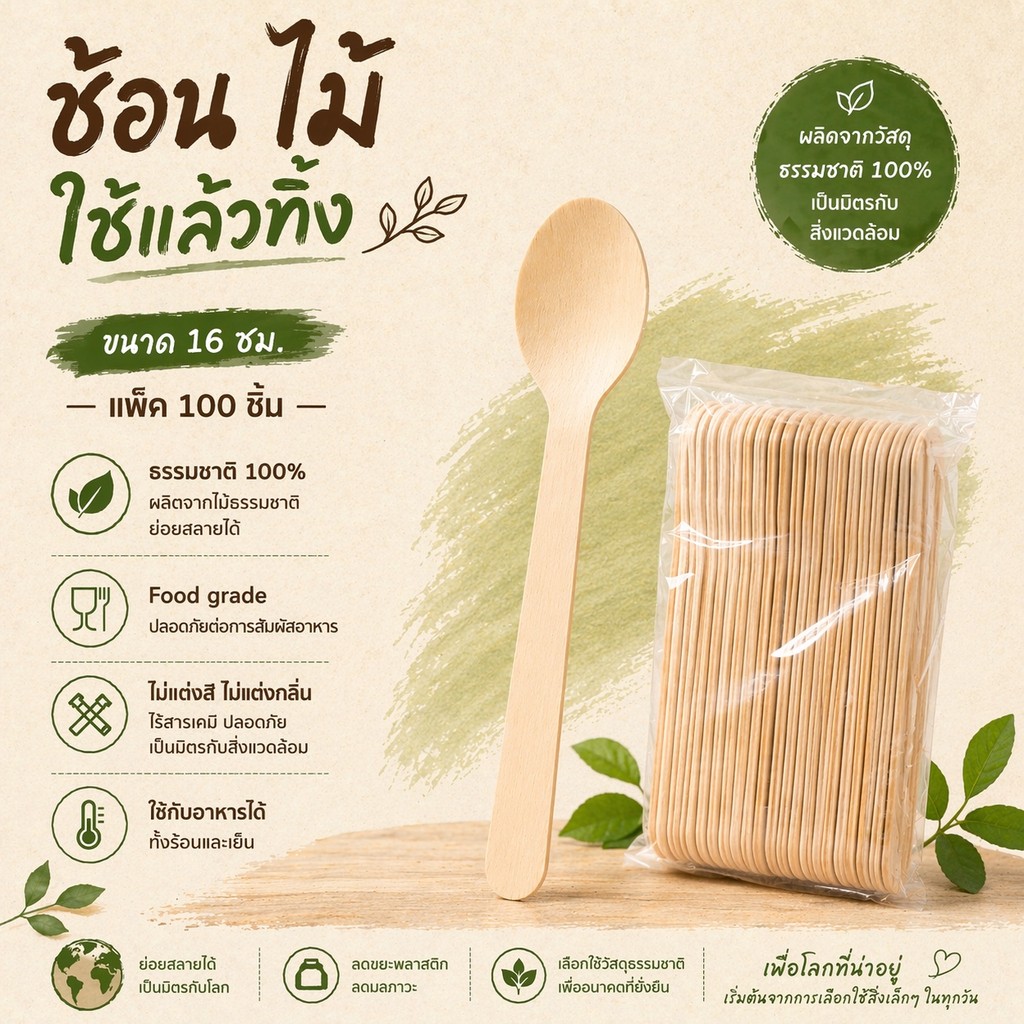 ช้อนไม้ 16cm ช้อน ใช้แล้วทิ้ง 100ชิ้น ช้อนไม้ ของใช้ในครัว จานอาหาร