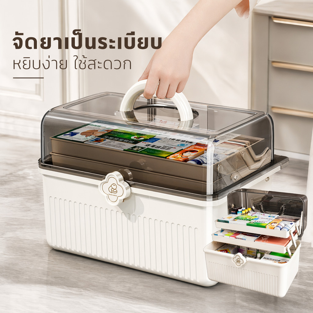 กล่องเก็บยาขนาดใหญ่สามชั้นแบบพกพาปฐมพยาบาลออแกไนเซอร์ PP Home Travel