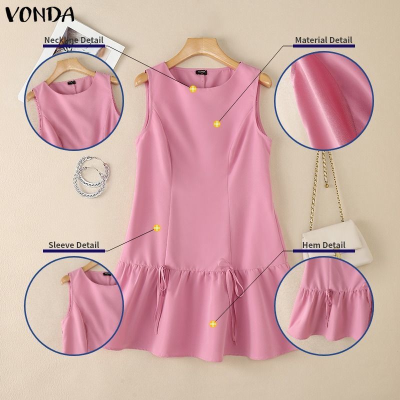 VONDA ผู้หญิงเกาหลีสไตล์ Girlish ปิดไหล่แขนกุดเอวติดตั้งสาย Ruffle Hem โบว์ทอ Slim Fit ชุดมินิ — صورة 7