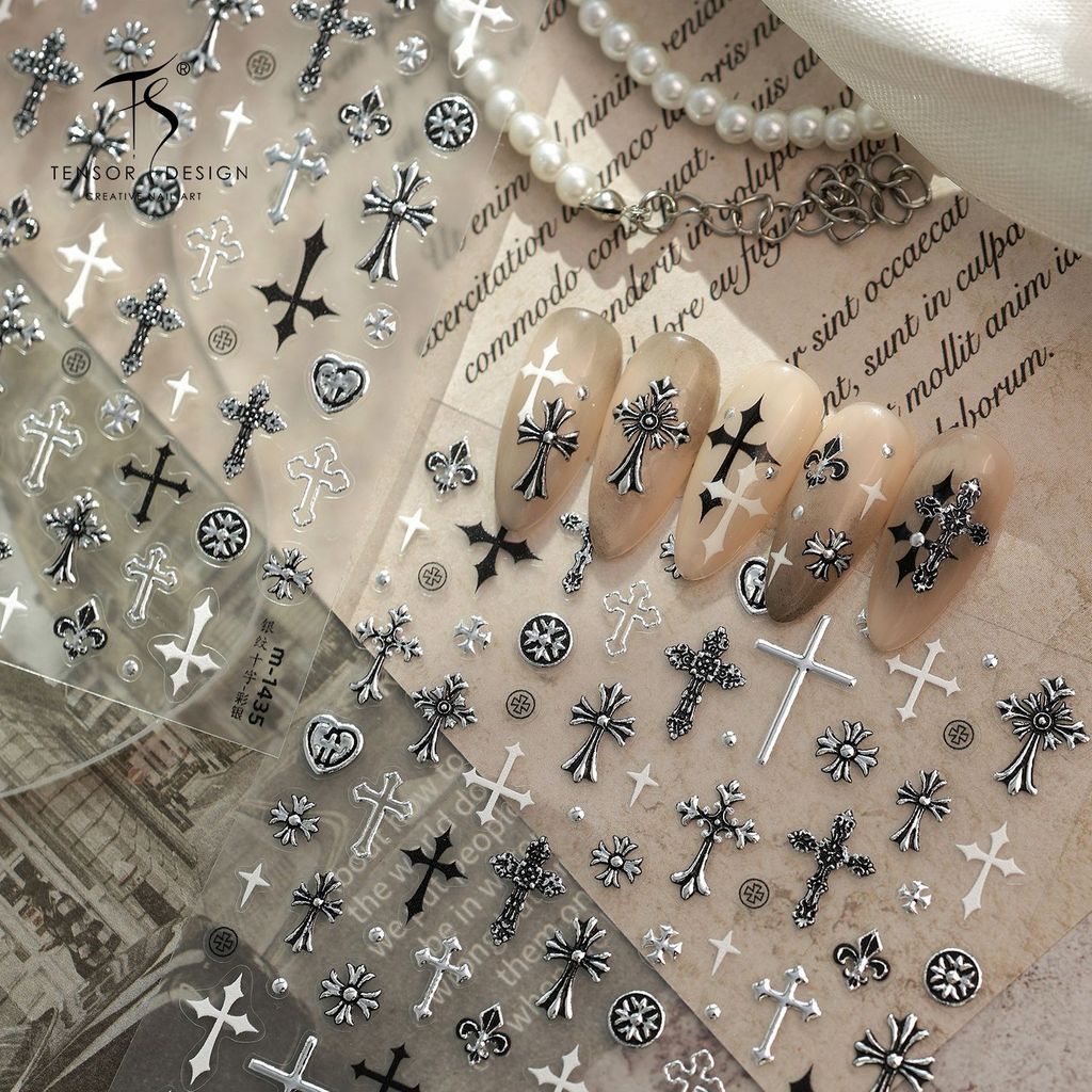 TENSOR ใหม่ Cross-Border Influencer M-1428 นูน Gilding Cross สีดําสีขาวสติกเกอร์แต่งเล็บ