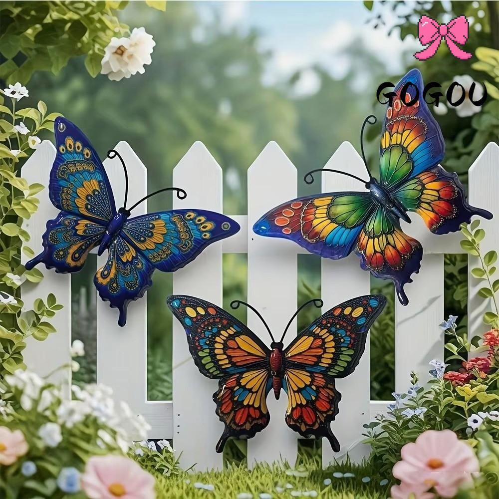GOGOU 1/3/4pcs Home Wall ตกแต่ง, Courtyard หัตถกรรมเหล็กโลหะผีเสื้อ Wall Art Decor, แฟชั่นกลางแจ้งจี้สวนแขวนผนังห้องนั่งเล่น