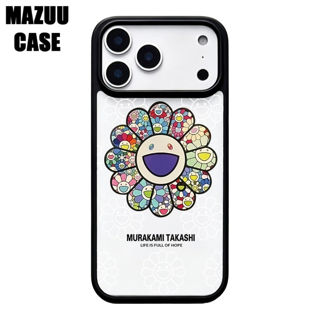 เคสไอโฟน TPU ขอบดำ หลังแข็งใส กันกระแทก ลายดอกไม้สไตล์มูราคามิ สำหรับ iPhone 17 16 15 14 13 12 11 Pro Max Plus