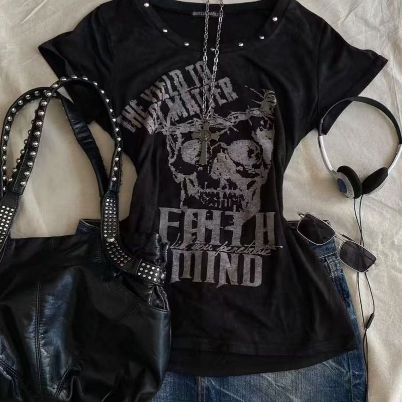 American y2k Asian Culture Niche Retro Black Slim-fit Hot Girl chic Top เสื้อยืดแขนสั้นพิมพ์ลายฤดูร้อน