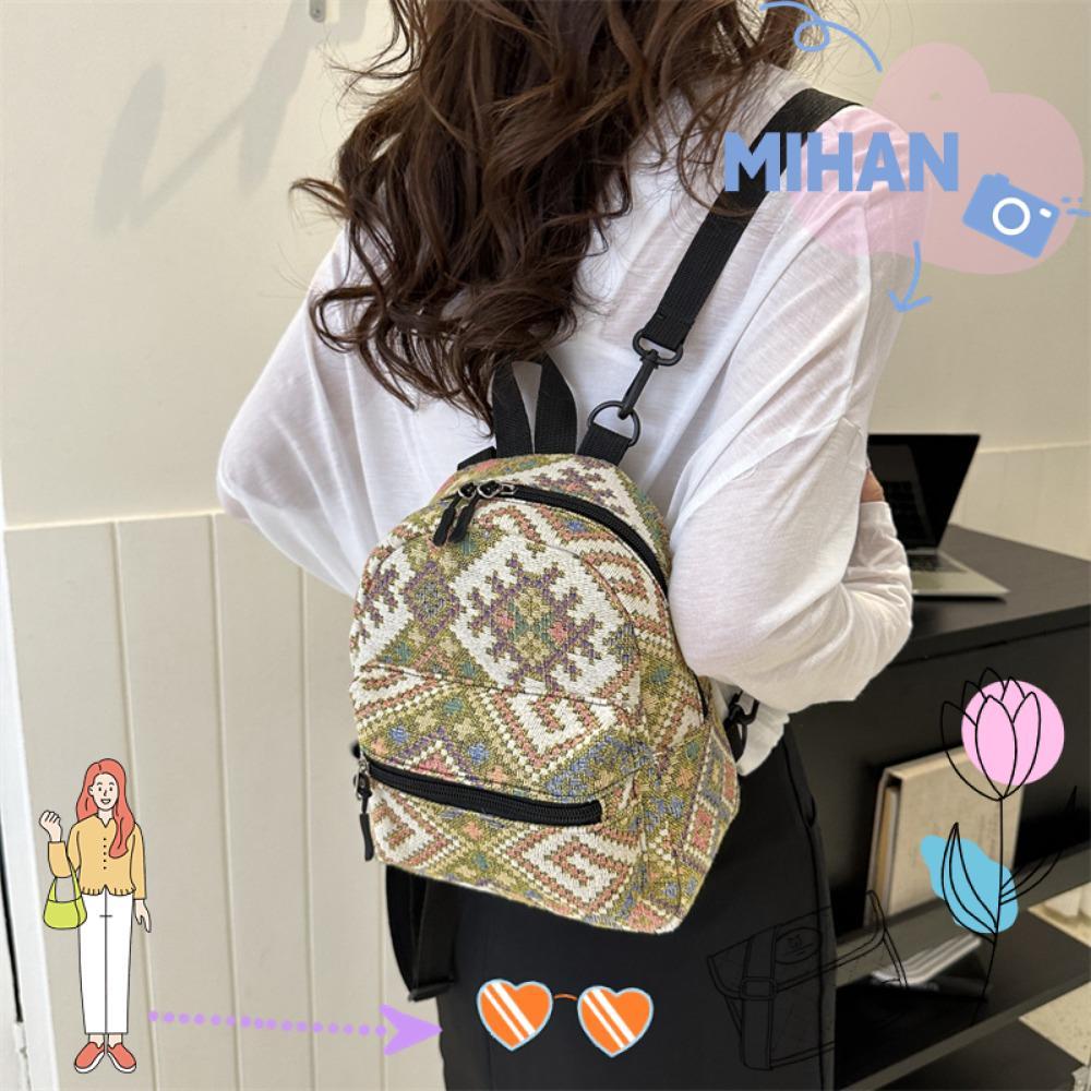 มิฮัน กระเป๋าเป้สะพายหลังหญิง, กระเป๋าเป้สะพายหลังโรงเรียนปรับได้สไตล์ชาติพันธุ์, ซิปแบบพกพามินิกระเป๋าสะพายความจุสูงนักเรีย
