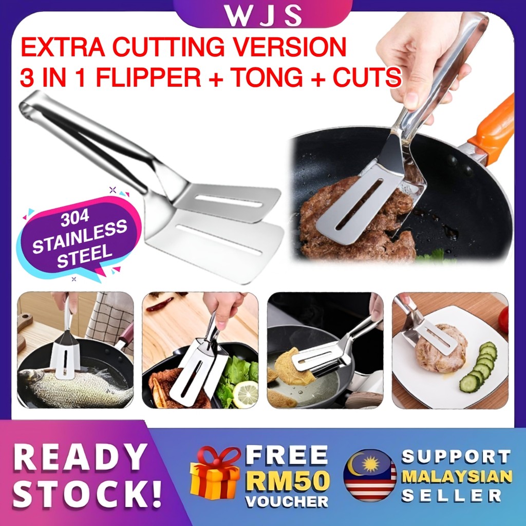 ฟรี RM50 VOUCHER MLQ 304 สแตนเลสไม้พายแหนบ BBQ Flipper สเต็ก Turner 3 ใน 1 เครื่องมือห้องครัว Penyep