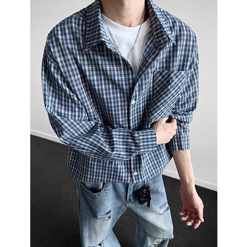 เสื้อลายสก๊อตอเมริกันสีฟ้าสําหรับผู้ชายที่มีความรู้สึกของความหรูหราพรมปูพื้นและหล่อเสื้อนอกฤดูใบไม้ร่วงและฤดูใบไม้ผลิสไตล์เกาหลีอินเทรนด์แปรงแข