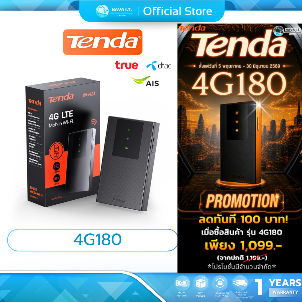 (มีส่งด่วน) TENDA (4G180 v4.0) 4G LTE Mobile Wi-Fi พอกเก็ตไวไฟ รับประกัน 1 ปี