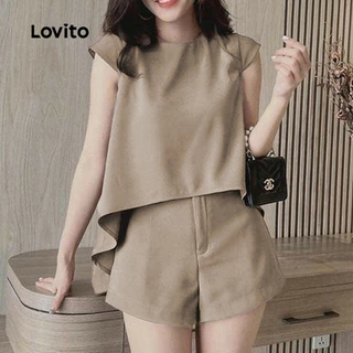 Lovito ชุดกางเกงขาสั้นแคชชวลพร้อมพลีท สำหรับฤดูใบไม้ผลิ/ฤดูร้อน สีคากี L154ED206