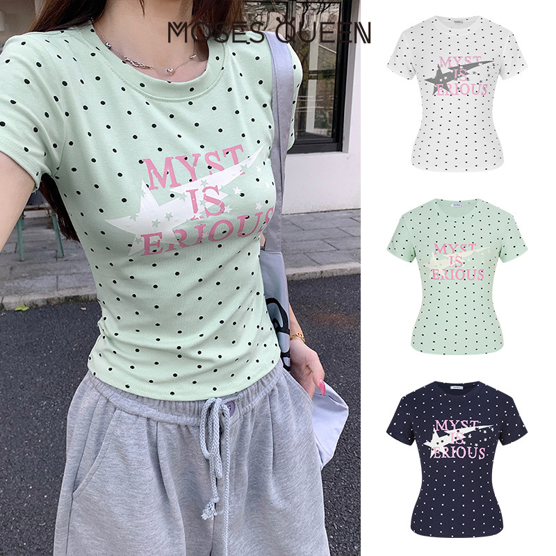 MOSESQUEEN โมเสส ราชินี เสื้อเบลเซอร์ตัวสั้นลายประ แขนสั้น เข้ารูปไหล่ เอฟเฟกต์สลิมมิ่ง คอกลม เสื้อยืดคอวี สไตล์ผู้หญิง #63745+63746