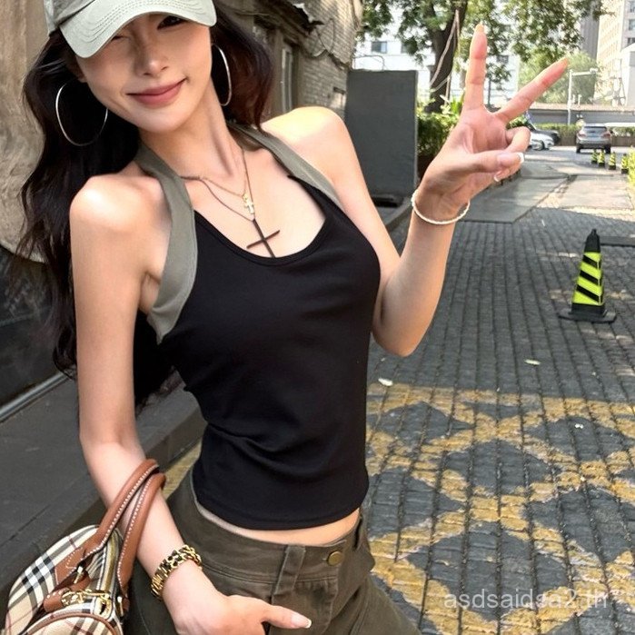 สาวร้อน Contrast สี Halterneck เสื้อกั๊กผู้หญิงแขนกุด u-คอ y Halter Top ERP6