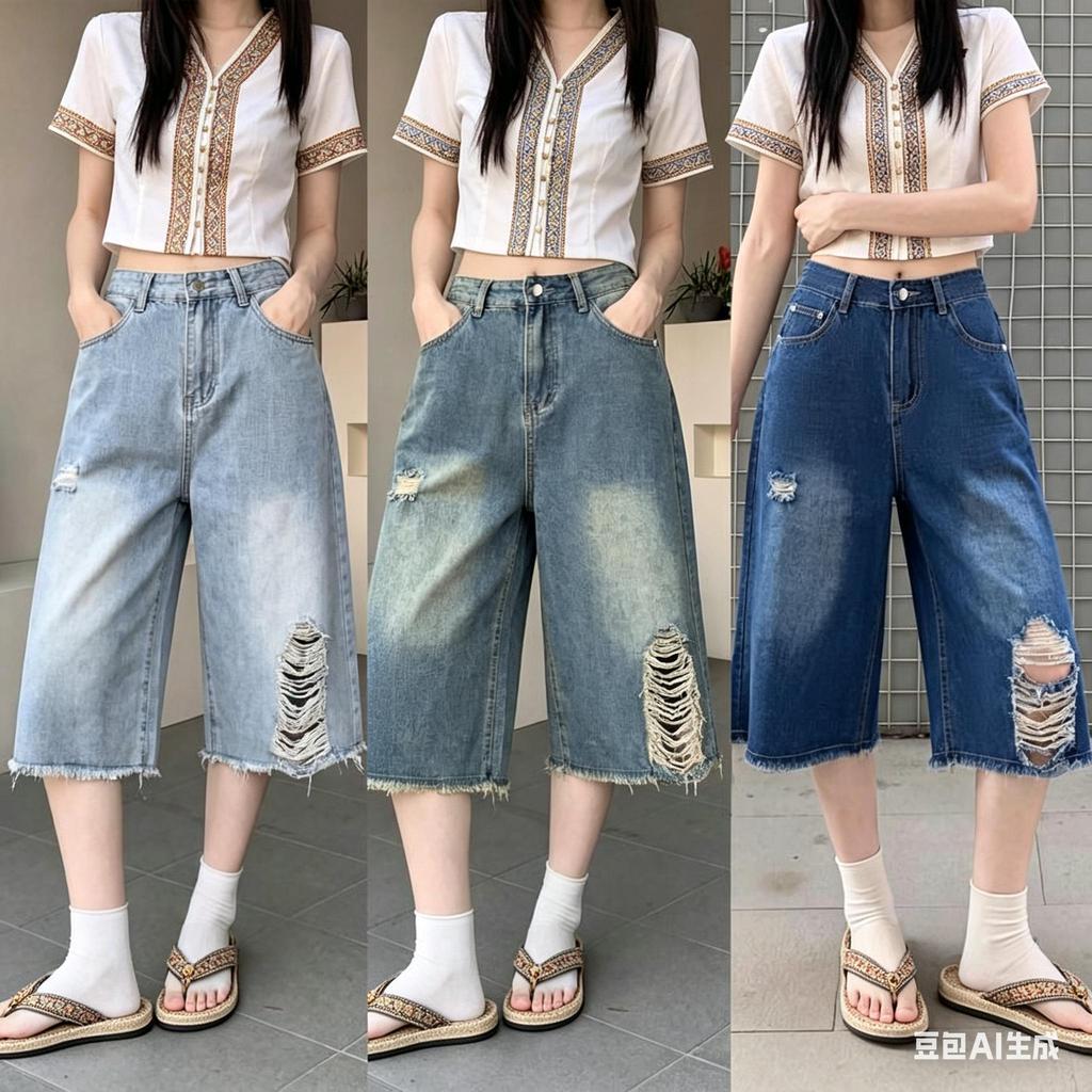 suzllrue7o กางเกงยีนส์7ส่วนขาดรุ่นฮิต ทรงสูงเอว ซ่อนขาใหญ่ ใส่สบาย # 6659