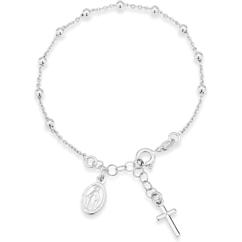 Miabella 925 เงินสเตอร์ลิงอิตาเลี่ยนลูกประคํา Cross Bead Charm Link Chain สร้อยข้อมือผู้หญิงปรับได้ 