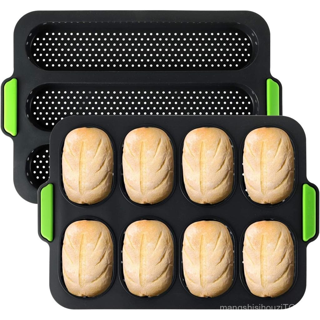 TOPZEA ชุด 2 ซิลิโคน Baguette Pan, Nonstick French Bread Bake Mold, 8 Gutter Perforated Ham Burger B