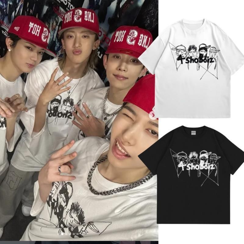 เสื้อยืดพิมพ์ลาย Lngshot Kpop Idol LNGSHOT เสื้อเชิ้ตผ้าฝ้ายแขนสั้น
