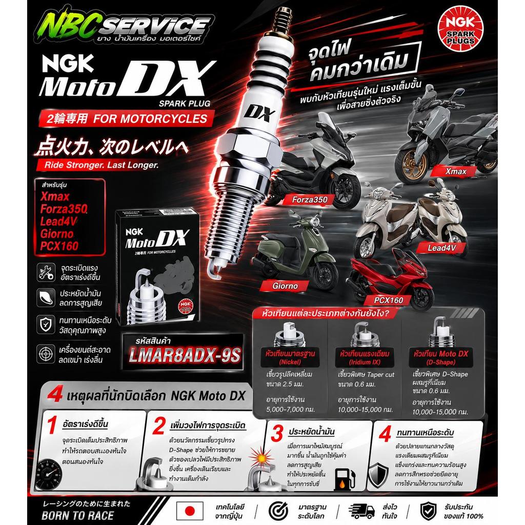 หัวเทียนเข็ม NGK - Moto DX - LMAR8ADX-9S กล่องดำ Xmax Forza350 Lead4V Giorno PCX160 ตัวท็อปสุดของแท้