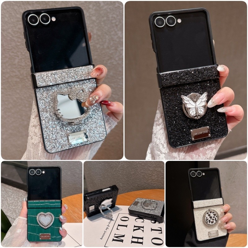 แฟชั่น Glitter บานพับกรณีปลอกสําหรับ Samsung Galaxy Z Flip 7 Z Flip 6 Z Flip 5 ฝาครอบพร้อมขาตั้งการ์ตูน