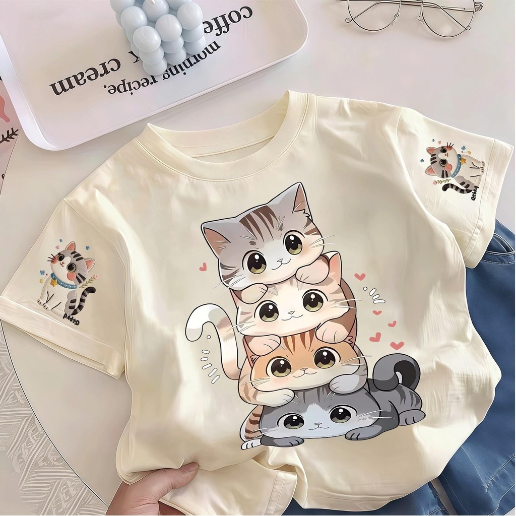 🐻Yout-children เสื้อเด็กแฟชั่น คอกลม Oversize ผ้าคอตตอน   'Stacking Cats' สบายนุ่ม ระบายอากาศดี
