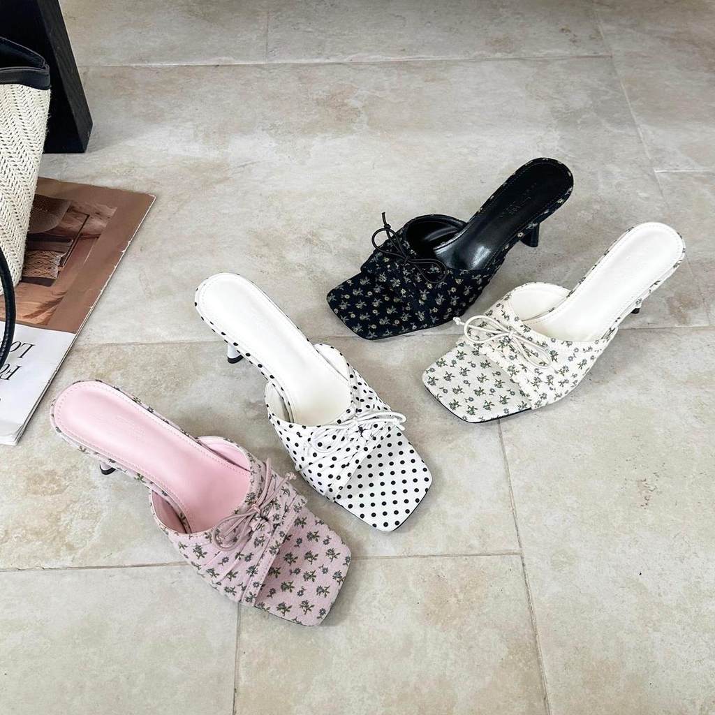 TT Sweet Bow Polka Dot เปิดนิ้วเท้ารองเท้าส้นสูงรองเท้าแตะรองเท้าแตะกระโปรง San