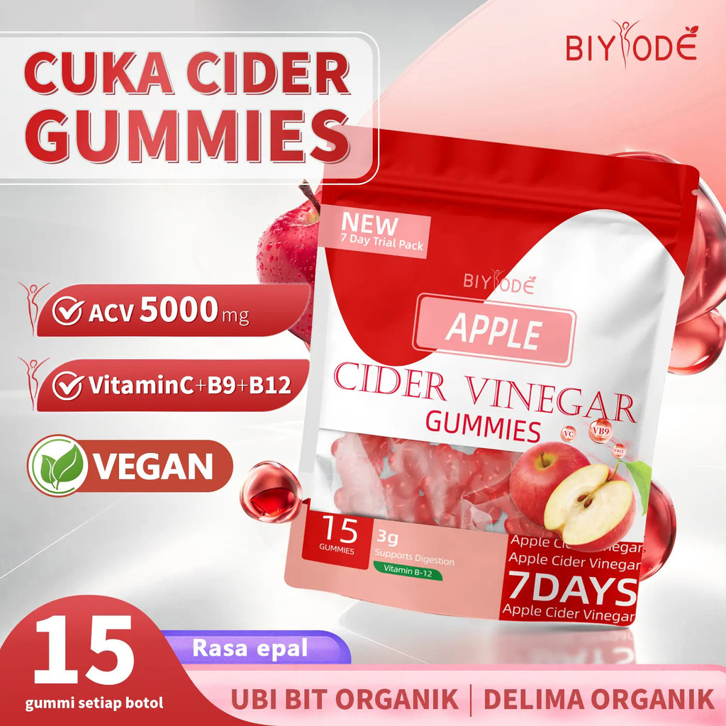 BIYODE Apple Cider Vinegar Gummies 5000 mg Vitamin B9 Vitamin B12 Food Supplement 15 Gummies Vegan A