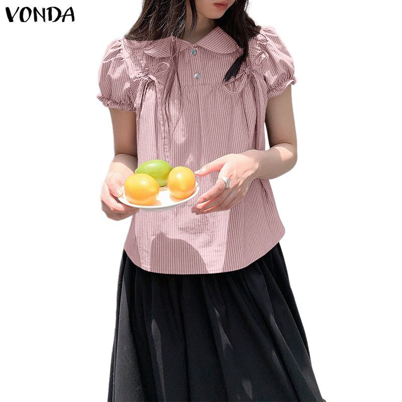 VONDA บลูซ์ผู้หญิงสไตล์เกาหลี ดีไซน์ตุ๊กตา มีคอลลาเธอร์และเสื้อแขนพัฟพร้อมโบว์